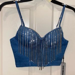 2/$25 Denim Rhinestone Fringe Crop Top